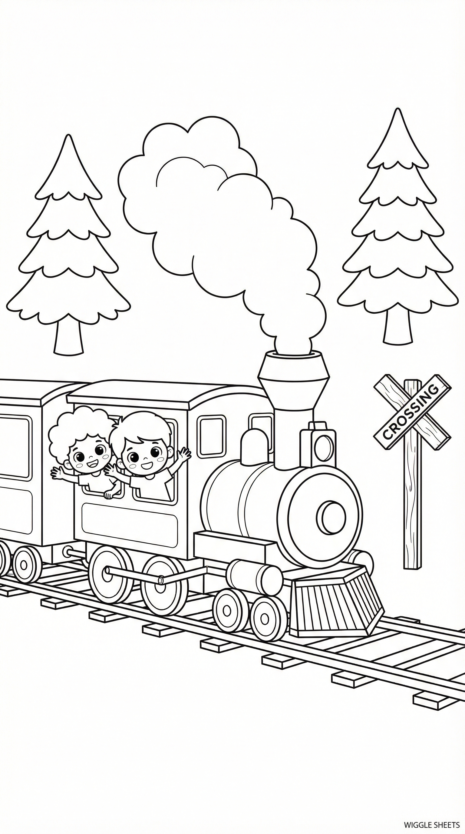 Kids on Steam Train Coloring Page